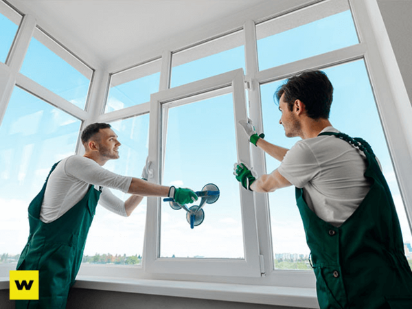Zwei Handwerker montieren ein neues Fenster, professionelle Fensterinstallation.